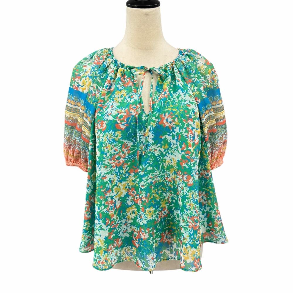 Current Air Green Floral Splice V-Neck Short Puff Sleeve Boho Peasant Top